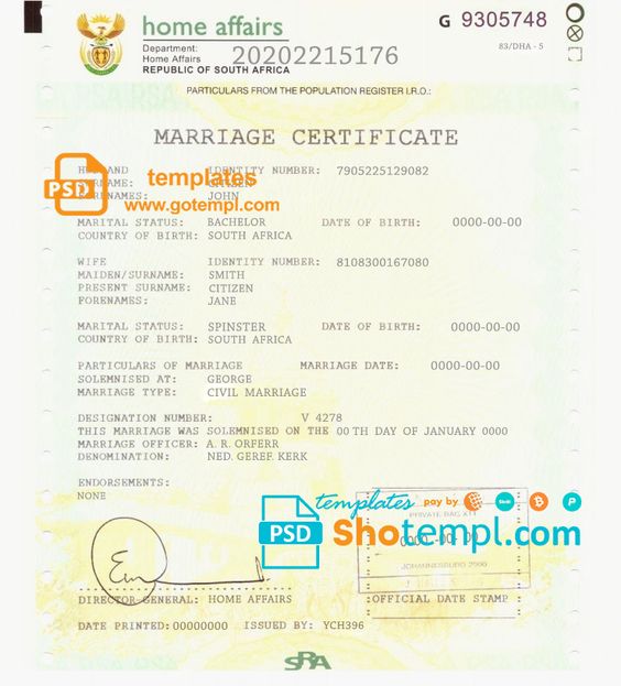 South Africa marriage certificate template in PSD format, fully editable. Image Source: gotempl.com