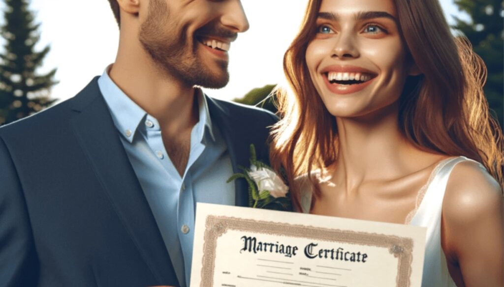 A beautiful couple holding their marriage certificate. Image Source: Getty