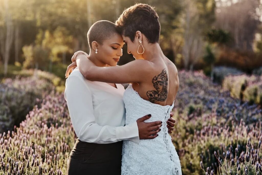 Two lesbian couple on their wedding. Image Source: iStock