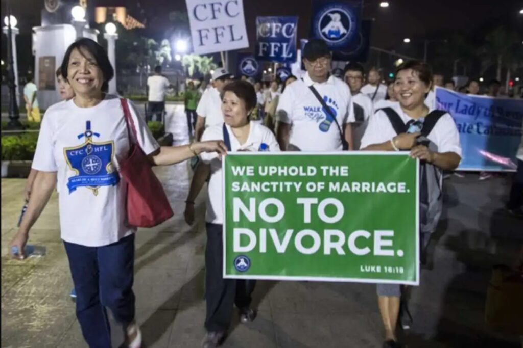 Anti-divorce protesters marched in Manila in February. The Philippine House of Representatives passed a bill in March 2018 that would legalize divorce. Ted Aljibe/AFP/Getty Images