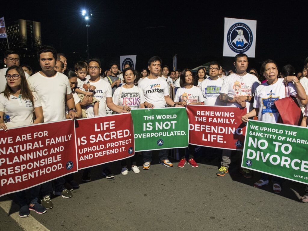 Anti-divorce protesters marched in Manila in February. The Philippine House of Representatives passed a bill in March 2018 that would legalize divorce. Ted Aljibe/AFP/Getty ImagesTed Aljibe/AFP/Getty Images