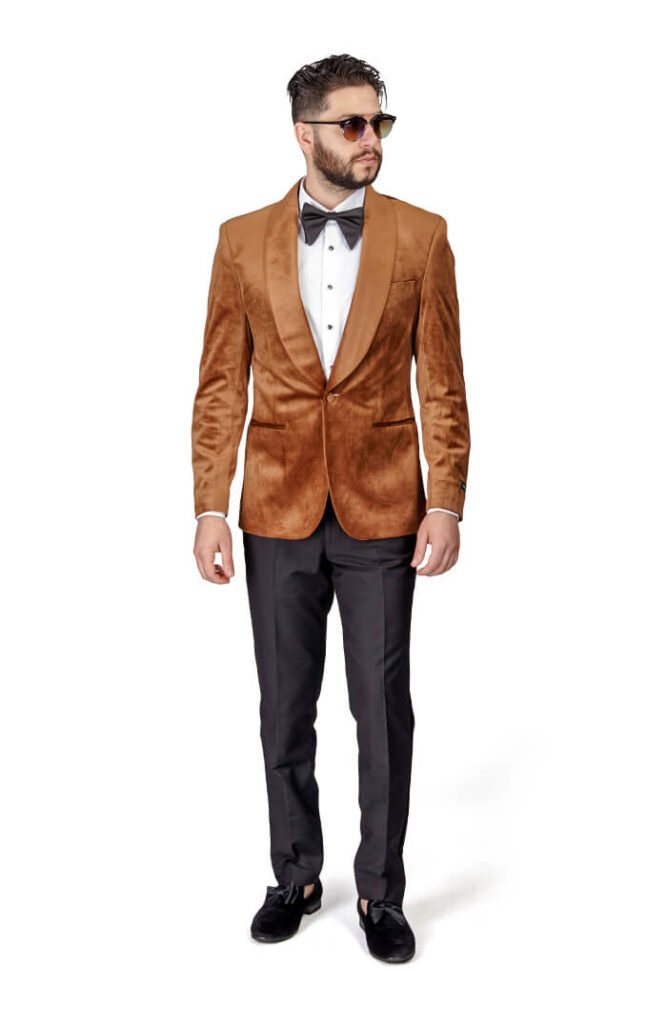 Slim Fit 1 Button Gold Velvet Shawl Lapel Black Pants. Image: azarman.