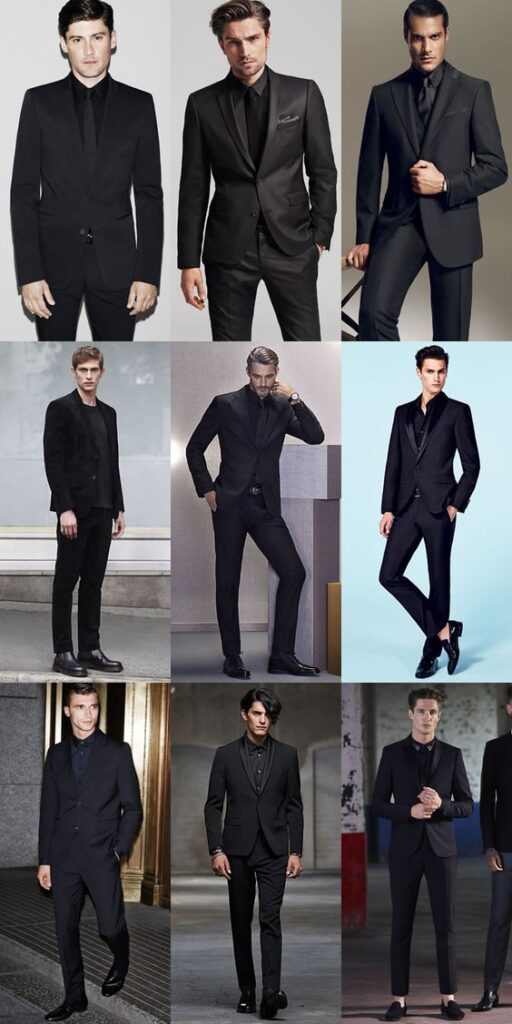 Different styles of black suit, tie, and shirt. Image Source: fashionbeans.com