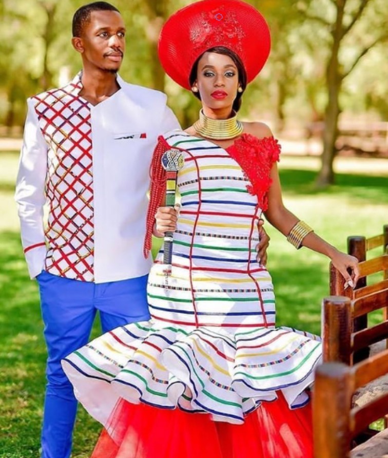 A Ndebele couple rocking cultural wedding clothes. Photo: @traditionalafricanweddings Source: Instagram