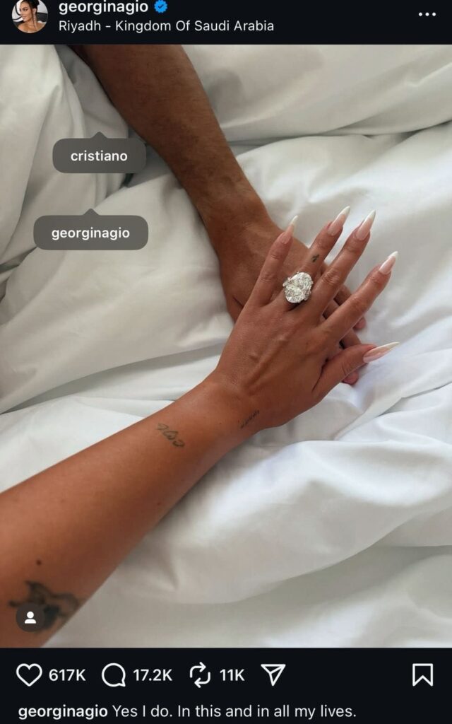 After nine years of dating, Ronaldo proposed to Georgina on August 11, 2025. Image Source: Instagram/georginagio