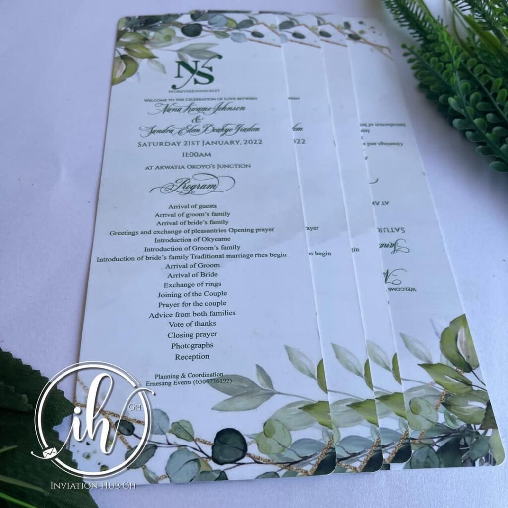 Wedding program outline in Ghana.
Image Source: Instagram/Invitationhubgh