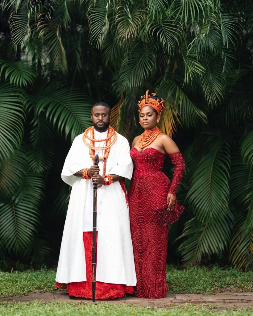 Nigerian couple Eghosa and Dumebi at their traditional wedding that took place in 2024. Image Source: Instagram/@bedgepictures
