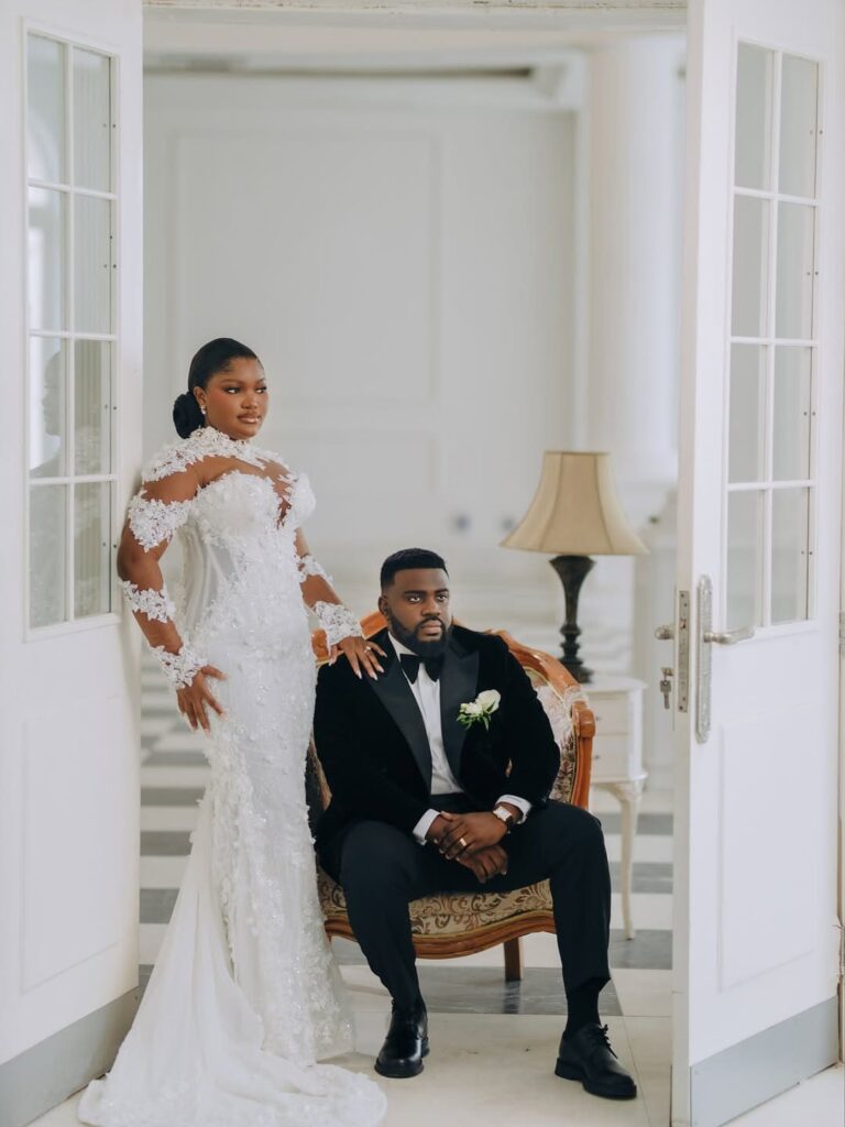 The beautiful couple, Osagu and Orobosa, on their white wedding day, photographed by Lucas Ugo Weddings