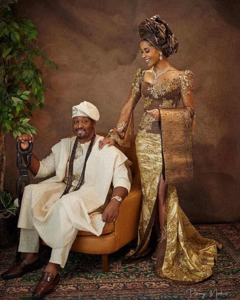 Beautiful bride and groom, Nicholas and Jessica Adeleke, on their traditional wedding day. Image Source: Instagram/@promzimedia