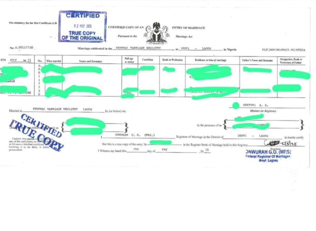 true Nigerian marriage certificate copy. Image Source: Facebook