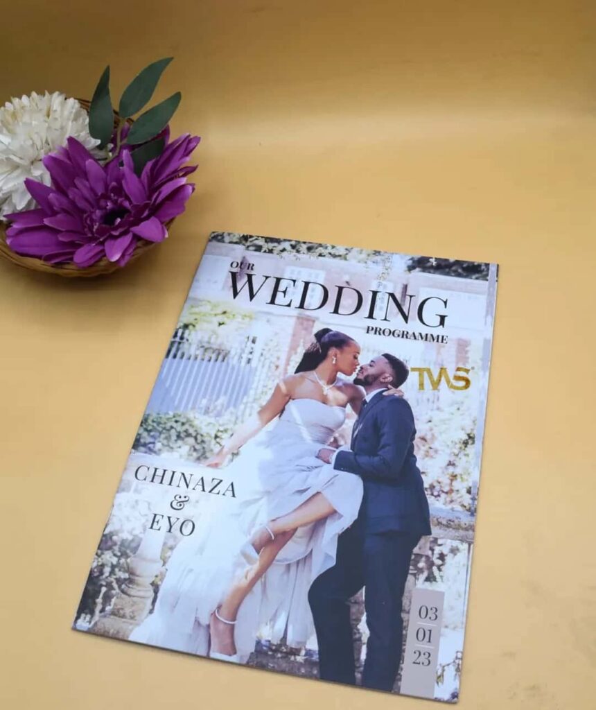 The wedding program flyer of Chinaza and Eyo designed by TWS Cards, one of Nigeria's biggest wedding invitation and stationery design companies. Image Source: Instagram/@twscards
