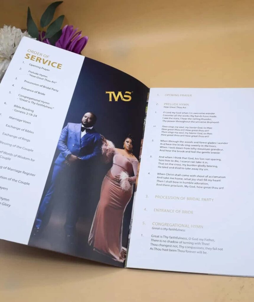 The white/church wedding program outline of Folake and Nifemi designed by TWS Cards.