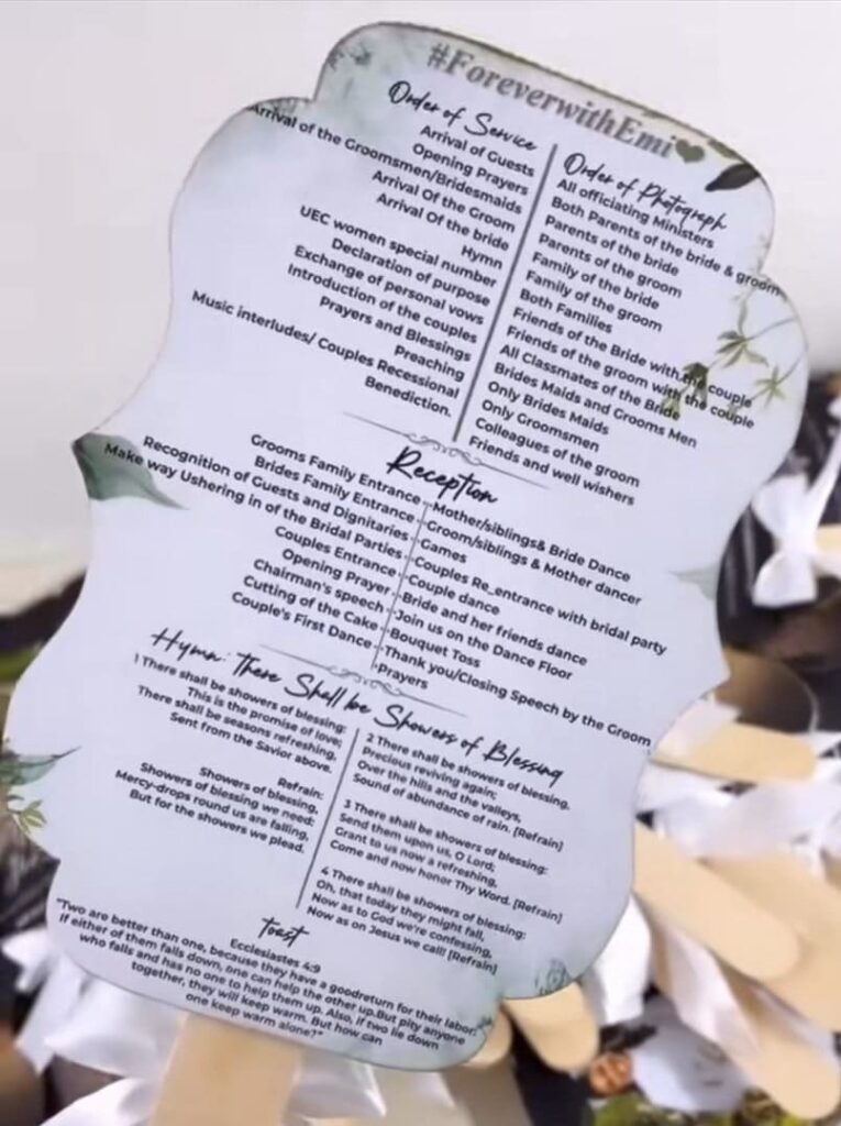 A typical Kenyan wedding ceremony program outline showing the order of events, from the church/white wedding to the photographs and reception. Image Source: TikTok/@weddingcardskenya