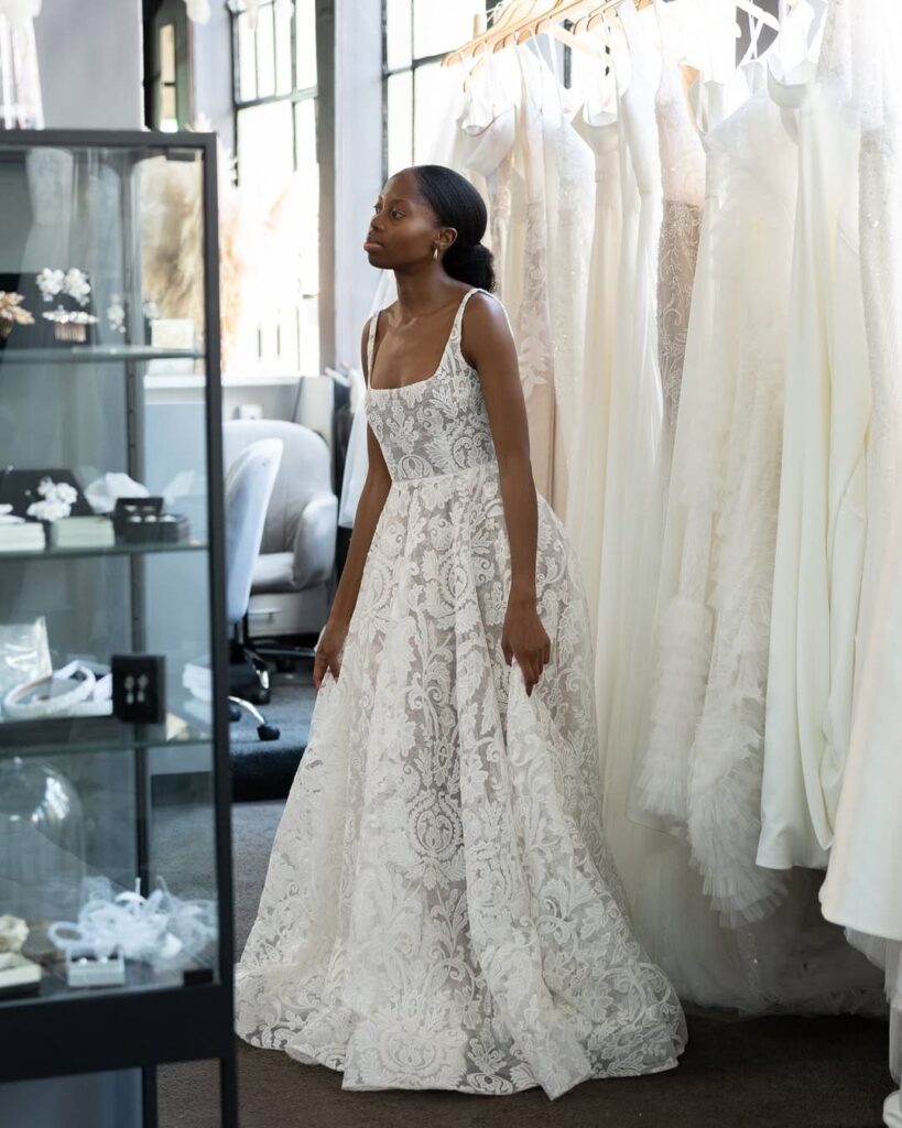 A bride in her gown from Anna Georgina Bridal. From classic ball gowns to figure-hugging mermaid silhouettes, every Anna Georgina design is tailored to perfection, accentuating the bride's natural beauty. Image Source: Instagram/@annageorgina_bridal