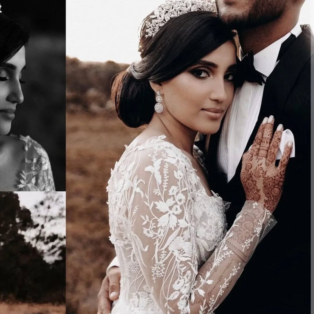 A bride on her white wedding day wearing henna on her hands designed by Cape Town Mehndi Artist. Image Source: Instagram/@capetown_mehndiartist