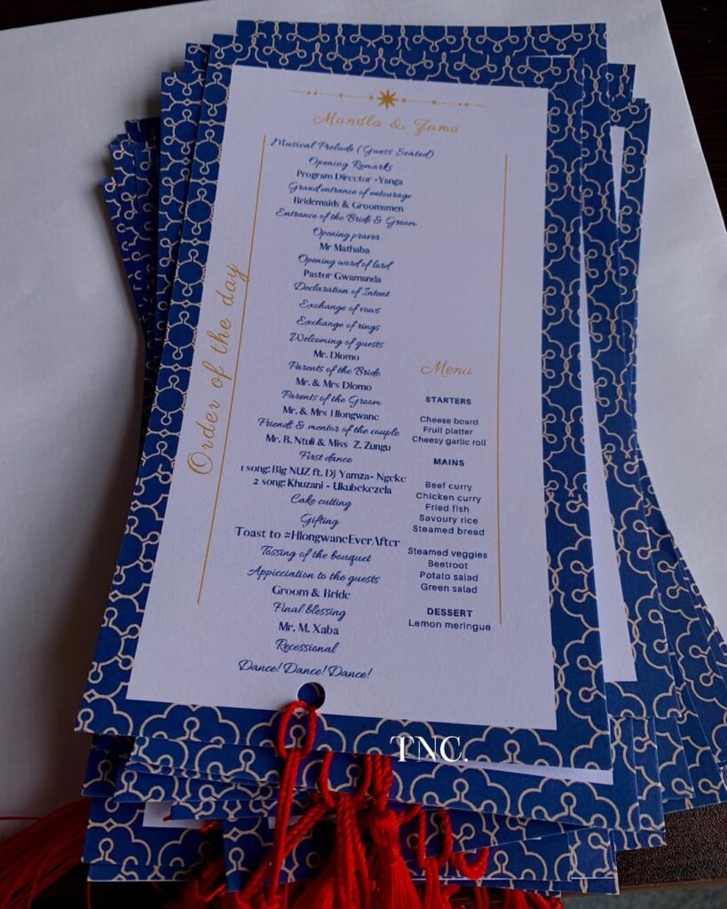 A typical South African church/white wedding program outline designed by Thanipho Creations, a Durban-based modern luxury event stationery brand. Image Source: Instagram/@thanipho_creations